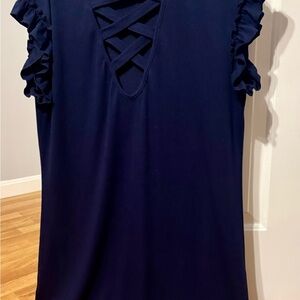 Navy Ruffle Sleeve Dress with Lattice Front